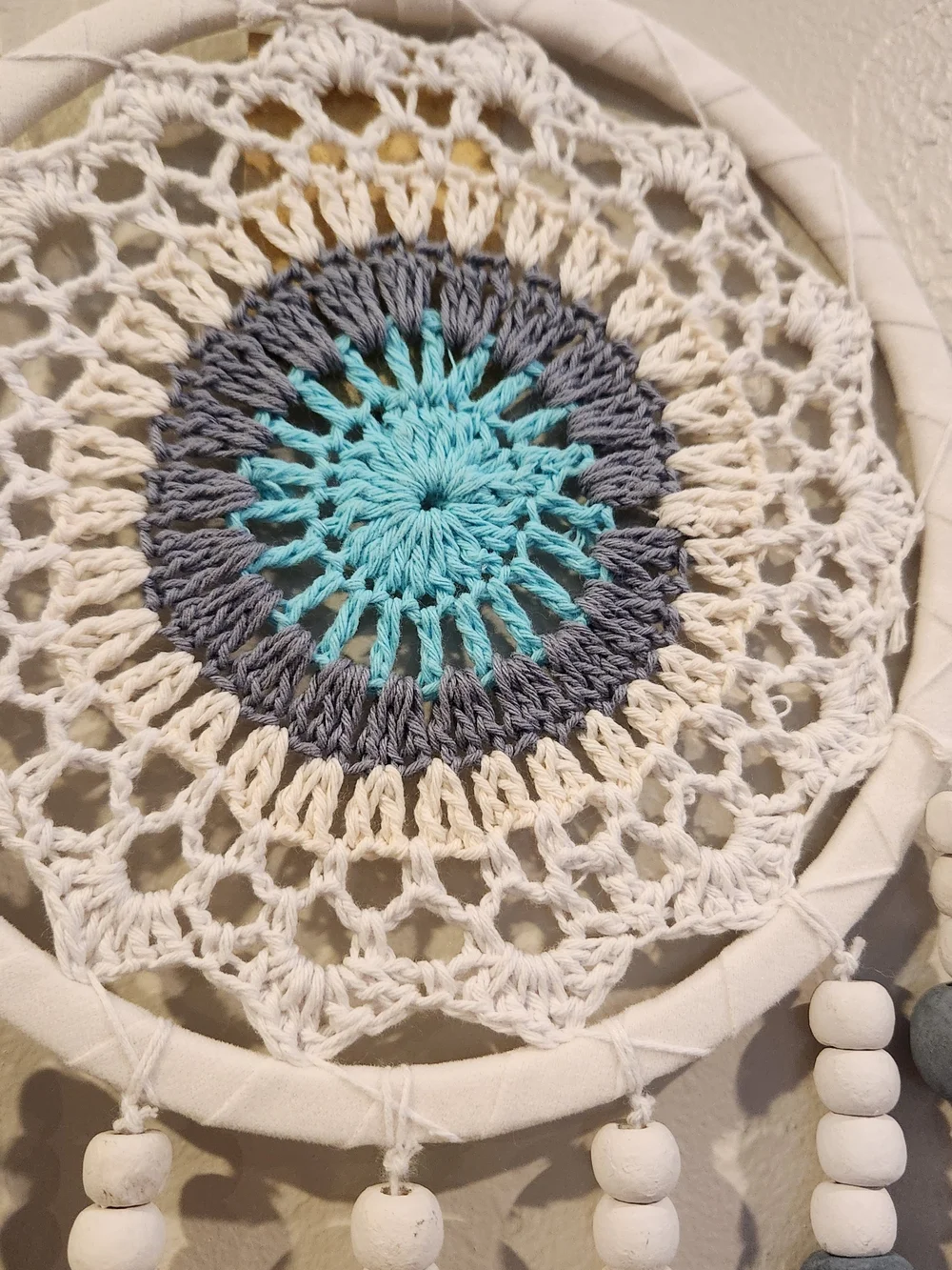 White and Teal Dreamcatcher Wall Hanging Boho Beaded Crochet